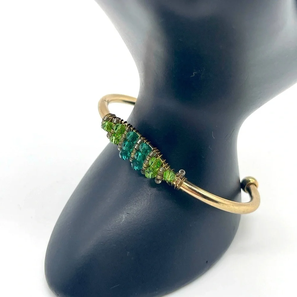 Cuff Bracelet with Green &Blue Crystals on Gold Tone